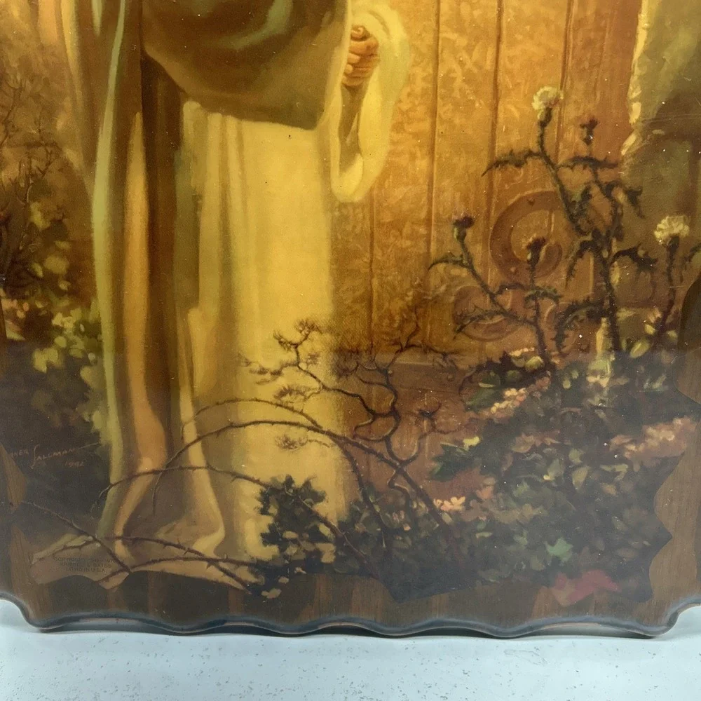 Vintage 1944 Signed MCM‎ Jesus Knocking Door Wall Plaque Religious Art Litho USA